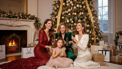 A high-end fashion photoshoot featuring three joyful women in designer festive clothing gathered around a luxurious Christmas scene, with an 8-year-old girl sitting among them enjoying the holiday atmosphere. The elegant gift bags with sophisticated gold lettering beneath a magnificently decorated Christmas tree with twinkling warm lights, golden silk ribbons, and gleaming silver baubles. 