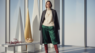 Create a christmas branding shoot photo. It has to look really fashionable and designed, high class. Like ZARA stores would make a branding shoot. The woman in the photo is wearing the design clothing. There's no brand visible in the photo.