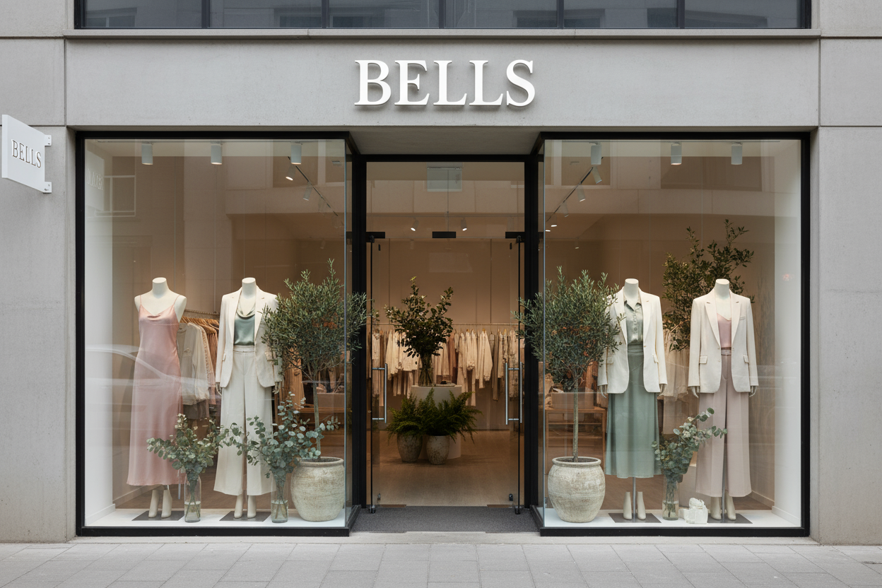 Maak een foto van de voorkant/ etalage van de kledingwinkel BELLS. Zorg dat er planten, zachte kleuren en moderne zara-like kleding zichtbaar is. Ook het BELLS logo voor op de voorgevel staan