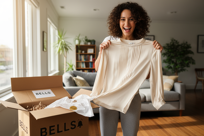 Maak een foto van een vrouw die haar beige blouse die ze bestelde bij de webshop BELLS toont wanneer ze hem net uit de verpakking haalt. Zorg dat het BELLS logo te zien is op de doos